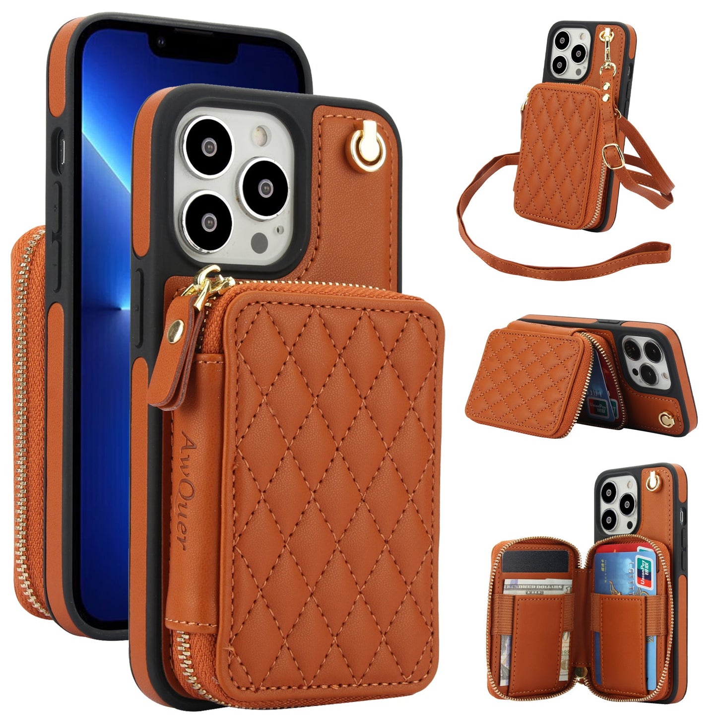 New RFID Blocking Crossbody Zipper Wallet Leather Phone Case for iPhone 12/12 Pro/12 Mini/12 Pro Max