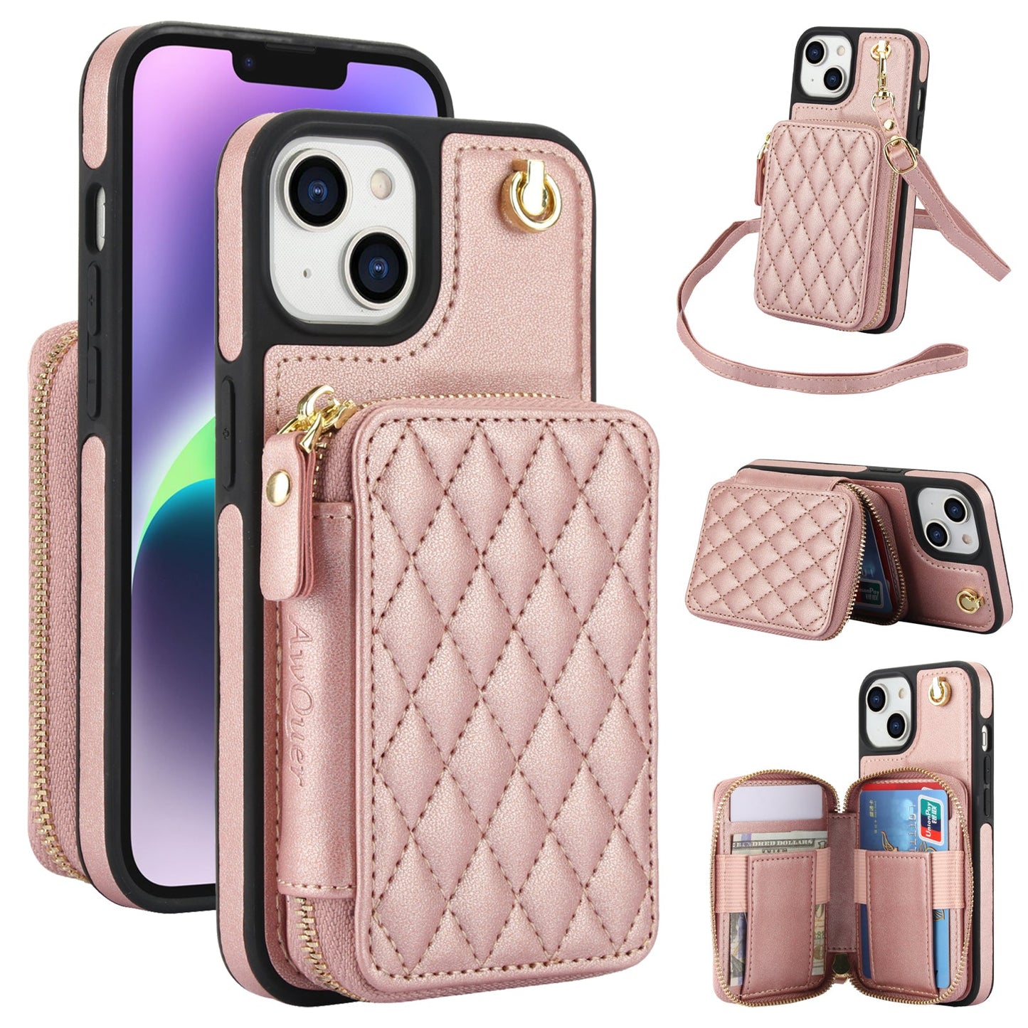 New RFID Blocking Crossbody Zipper Wallet Leather Phone Case for iPhone