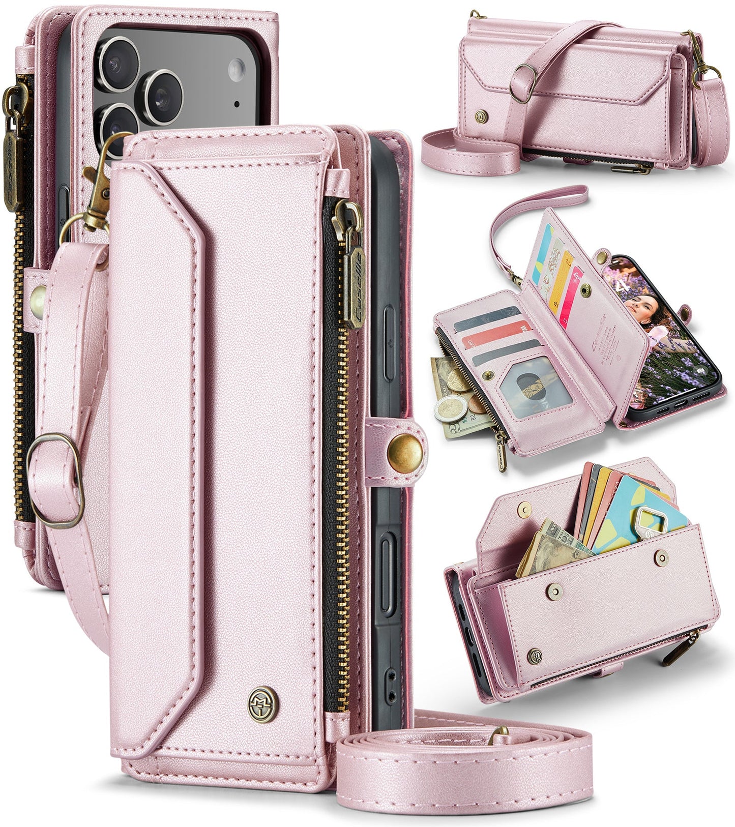 New RFID Blocking Zipper Wallet Supports Wireless Charging with Long and Short Lanyard Leather Phone Case for iPhone 17 Pro Max