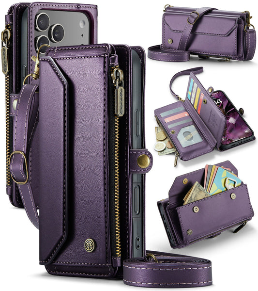 New RFID Blocking Zipper Wallet Supports Wireless Charging with Long and Short Lanyard Leather Phone Case for iPhone 17 Pro Max