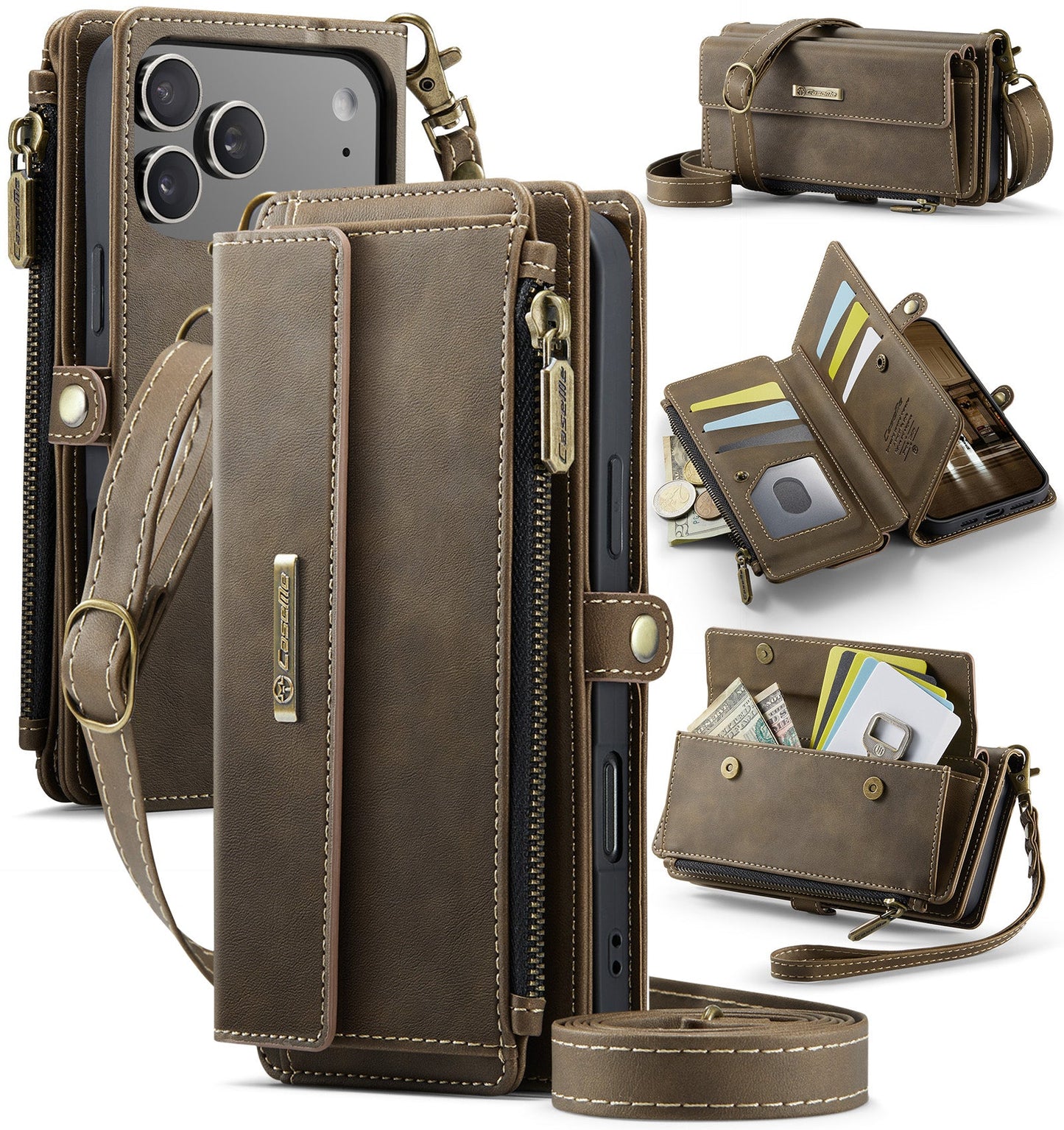 New Zipper Wallet RFID Blocking Supports Wireless Charging with Long and Short Lanyard Leather Phone Case for iPhone 17 Pro Max