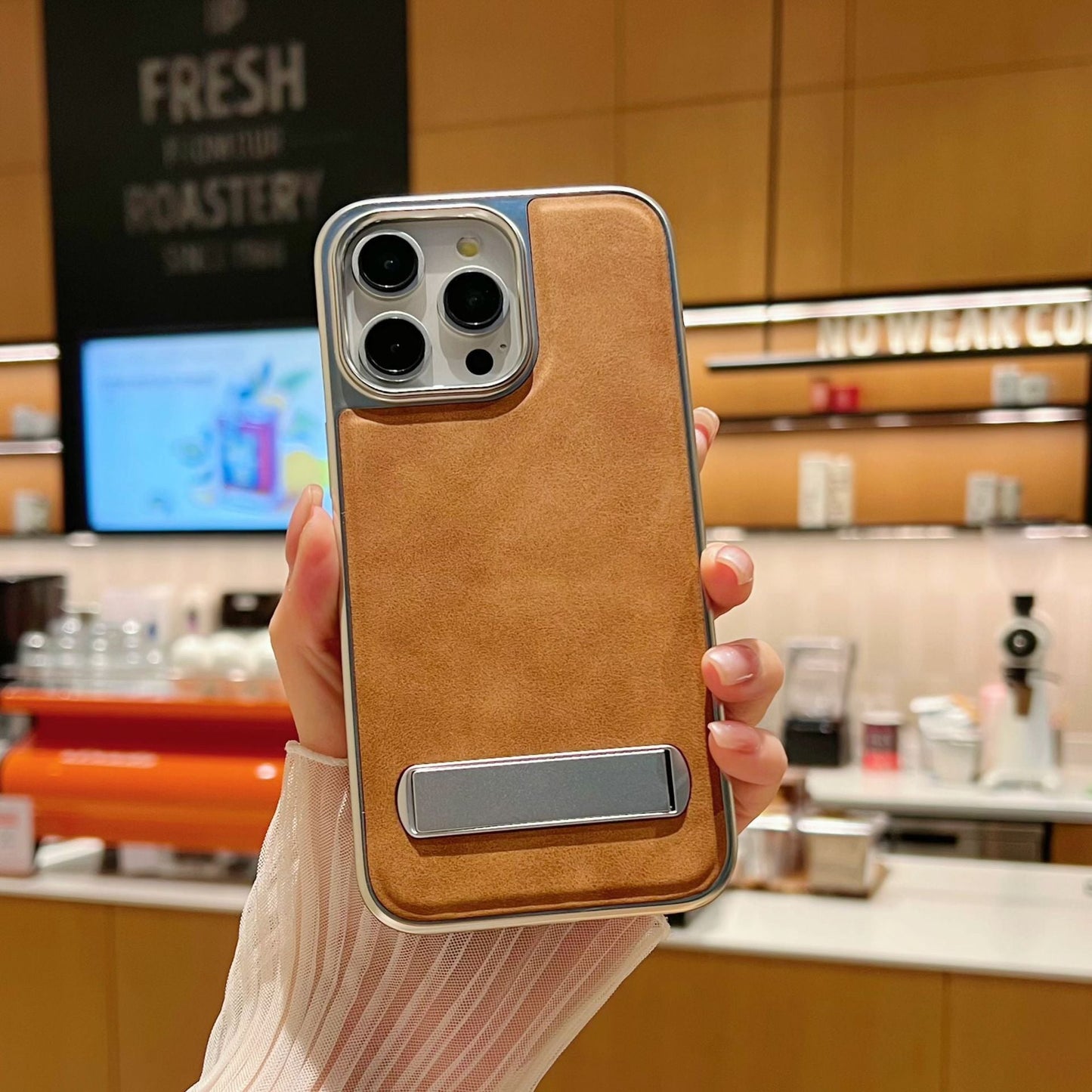 New Electroplating Metal Bracket Leather Phone Case for iPhone
