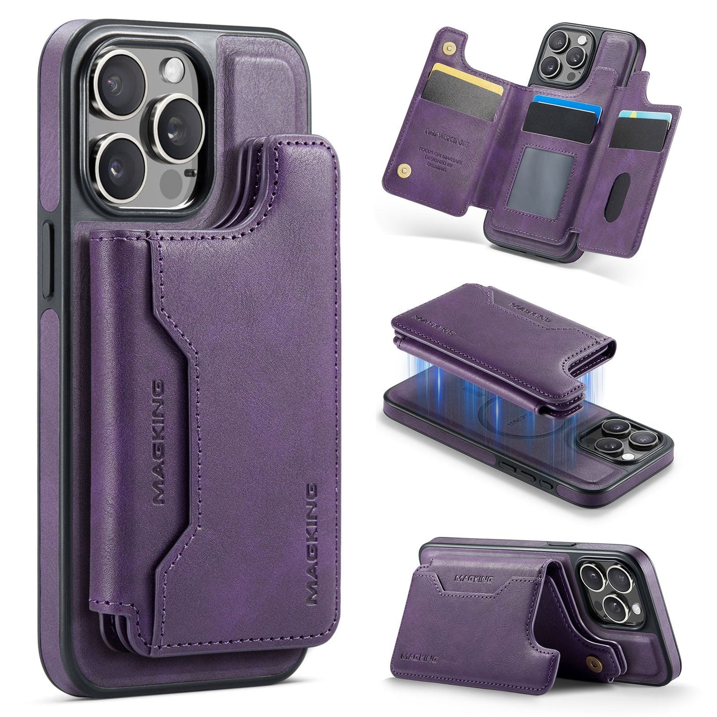 New 2-in-1 RFID Blocking Card Holder Leather Phone Case for iPhone 13 Pro Max