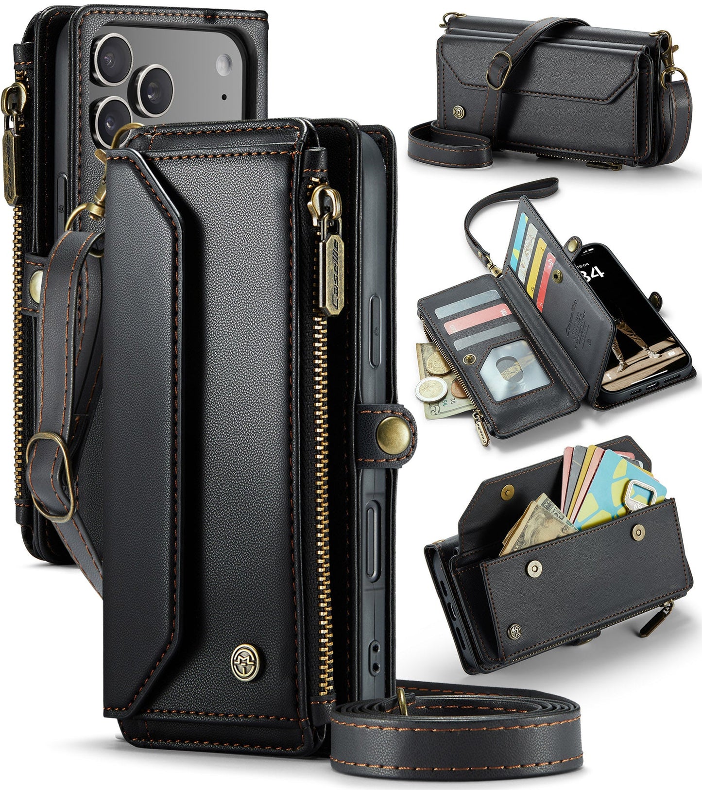 New RFID Blocking Zipper Wallet Supports Wireless Charging with Long and Short Lanyard Leather Phone Case for iPhone 17 Pro Max