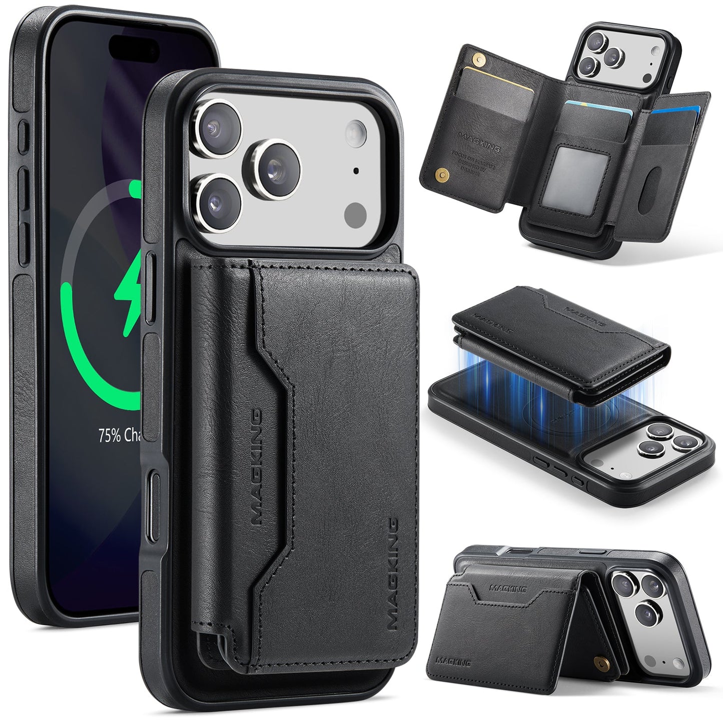 New 2-IN-1 RFID Blocking Card Holder Leather Phone Case for iPhone 17 Pro