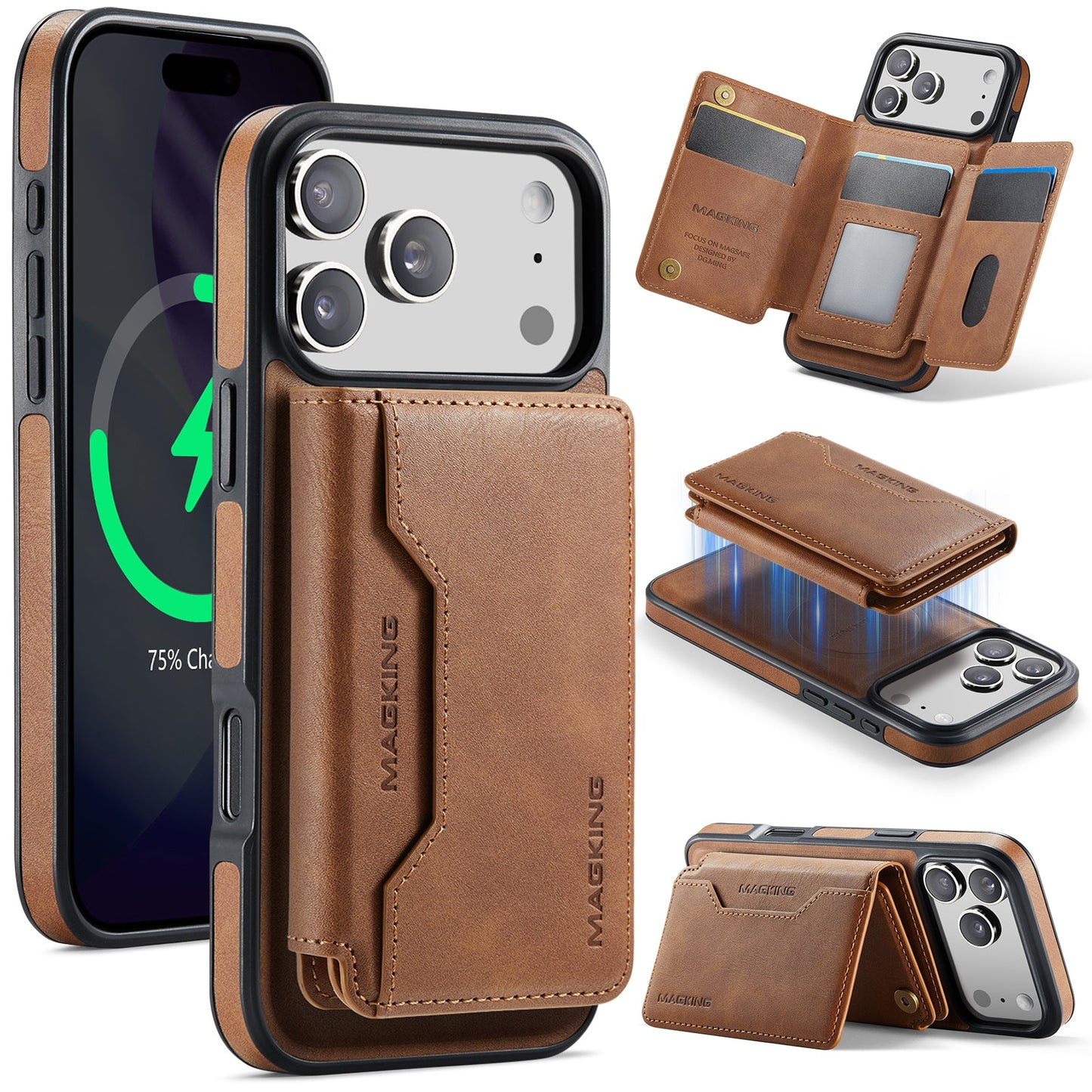 New 2-IN-1 RFID Blocking Card Holder Leather Phone Case for iPhone 17 Pro