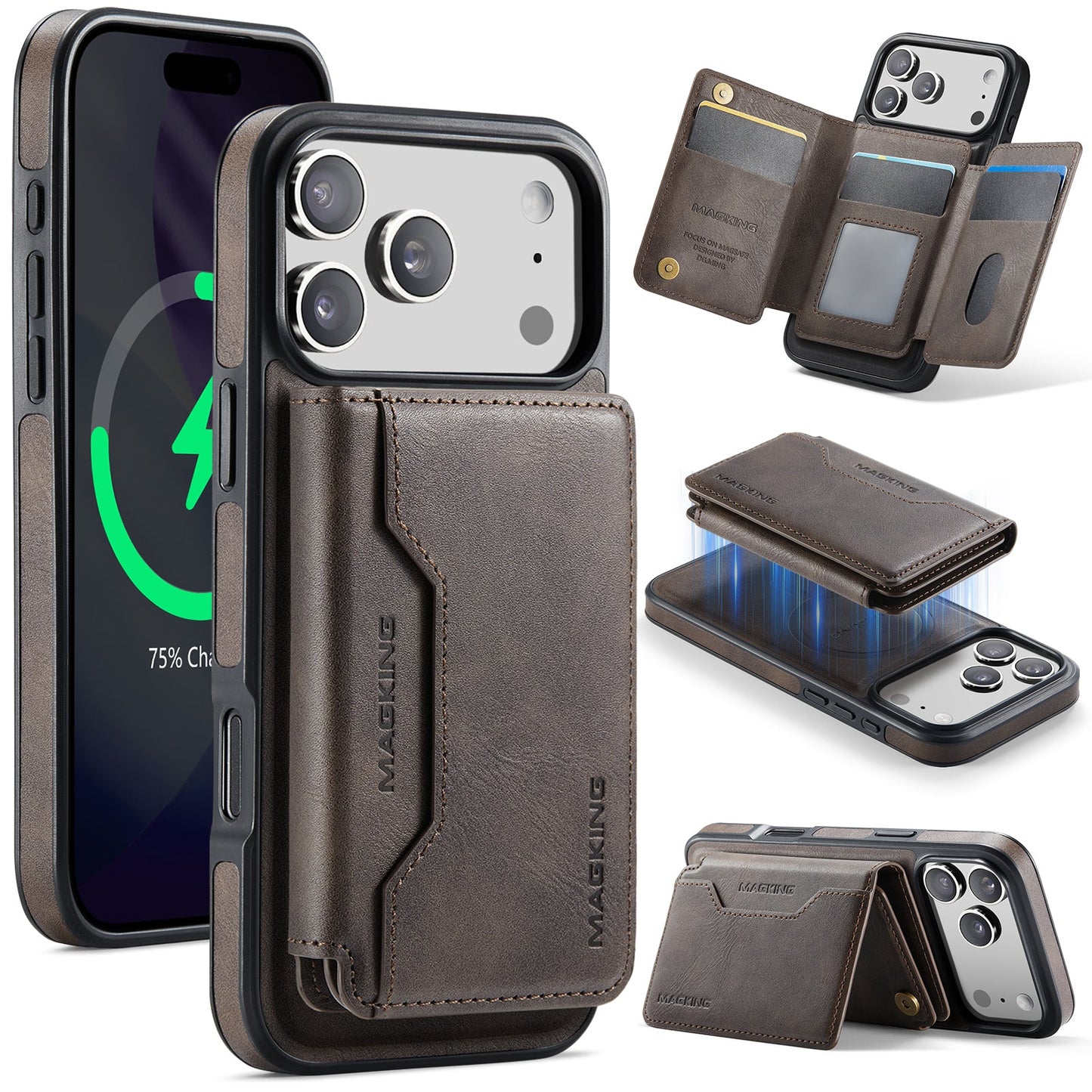 New 2-IN-1 RFID Blocking Card Holder Leather Phone Case for iPhone 17 Pro