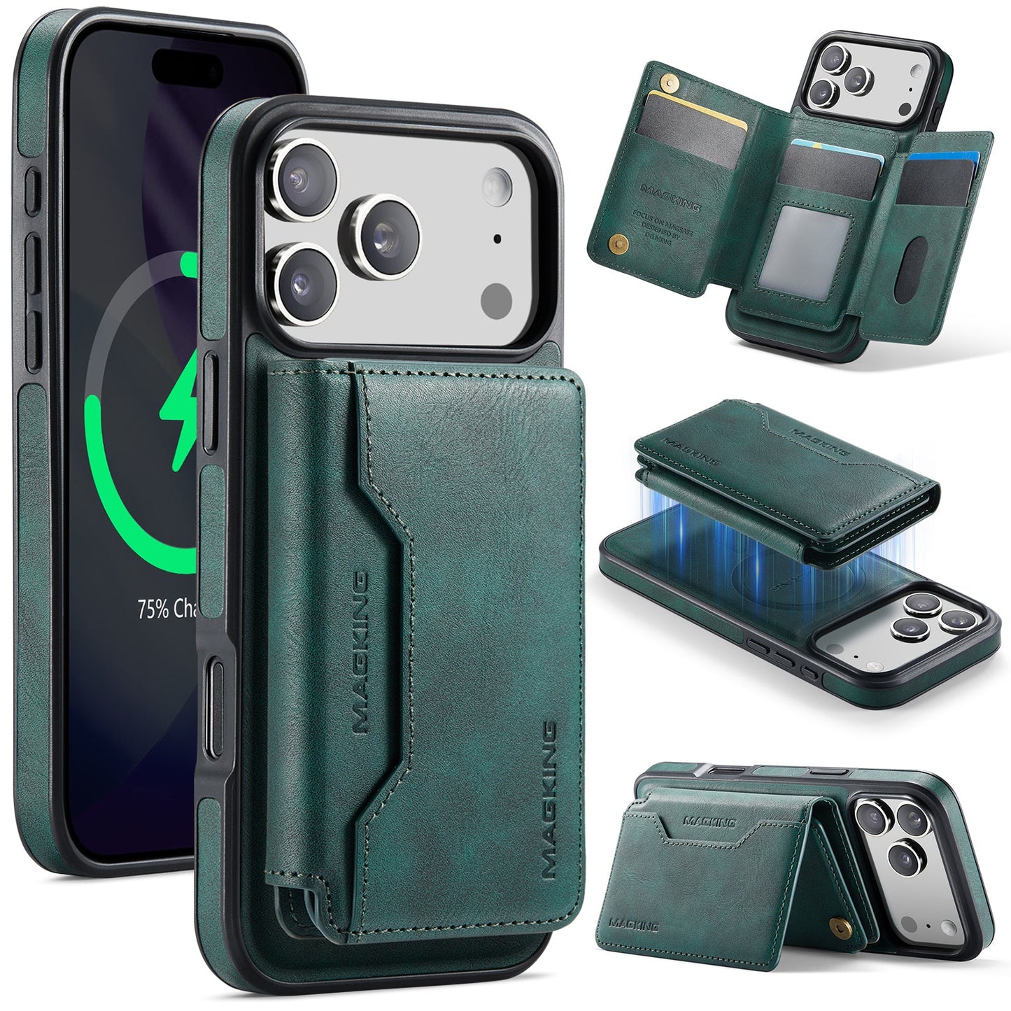 New 2-IN-1 RFID Blocking Card Holder Leather Phone Case for iPhone 17 Pro