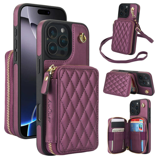 New RFID Blocking Crossbody Zipper Wallet Leather Phone Case for iPhone 16/16e/16 Pro/16 Plus/16 Pro Max