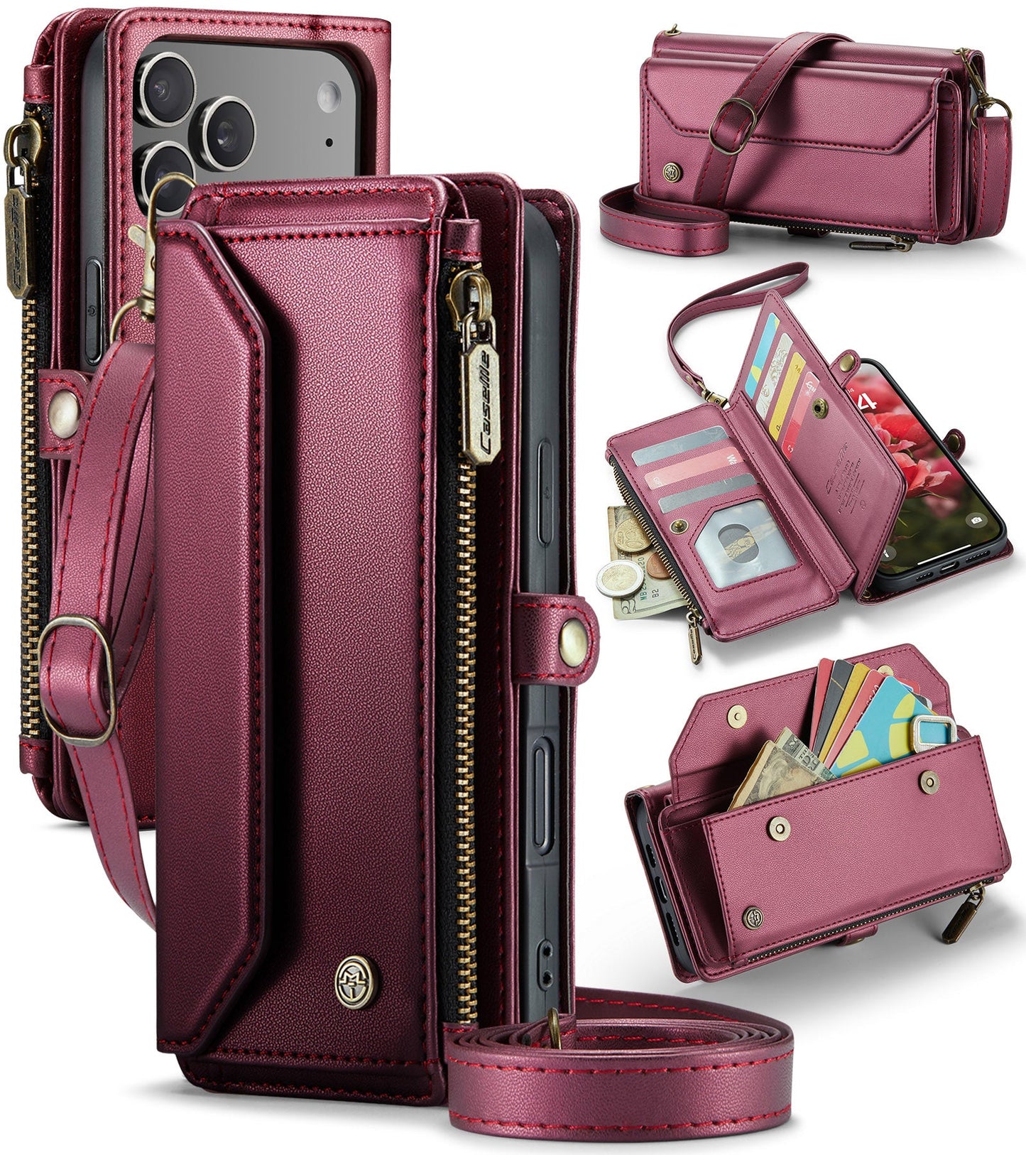 New RFID Blocking Zipper Wallet Supports Wireless Charging with Long and Short Lanyard Leather Phone Case for iPhone 17 Pro Max