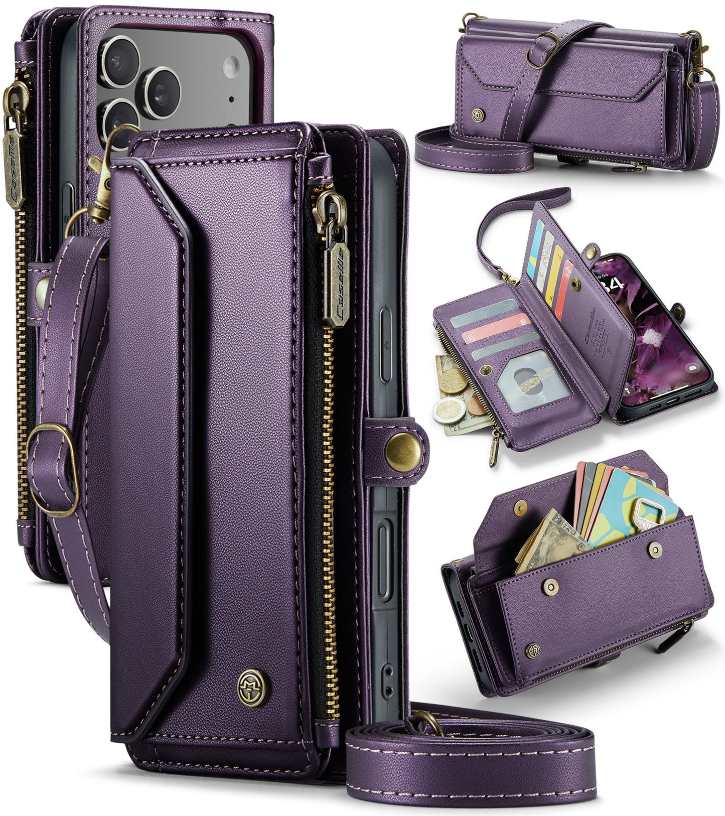 New RFID Blocking Zipper Wallet Supports Wireless Charging with Long and Short Lanyard Leather Phone Case for iPhone 17 Pro Max