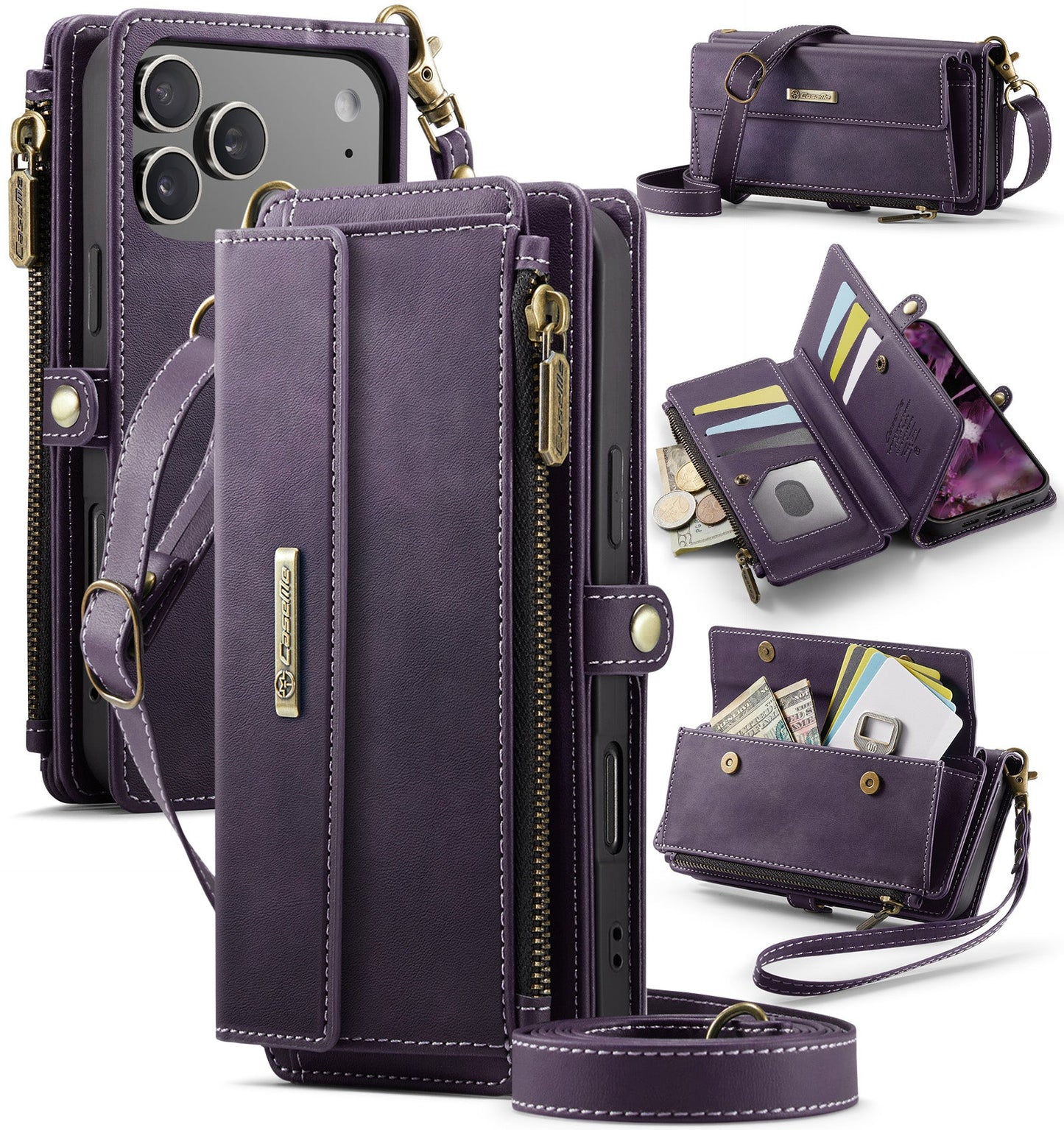 New Zipper Wallet RFID Blocking Supports Wireless Charging with Long and Short Lanyard Leather Phone Case for iPhone 17 Pro Max