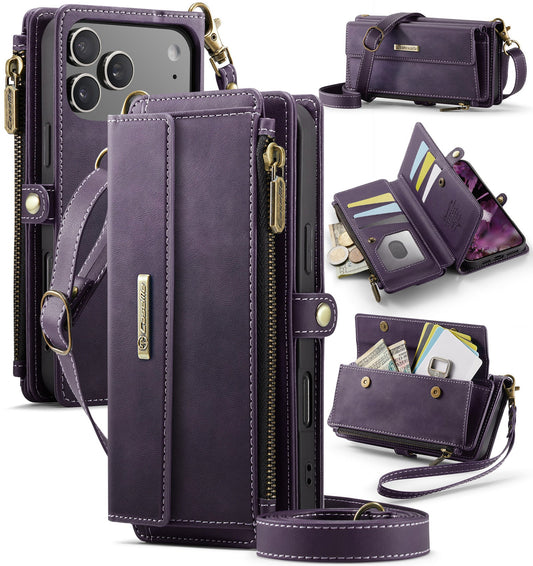 New Zipper Wallet RFID Blocking Supports Wireless Charging with Long and Short Lanyard Leather Phone Case for iPhone 17 Pro Max