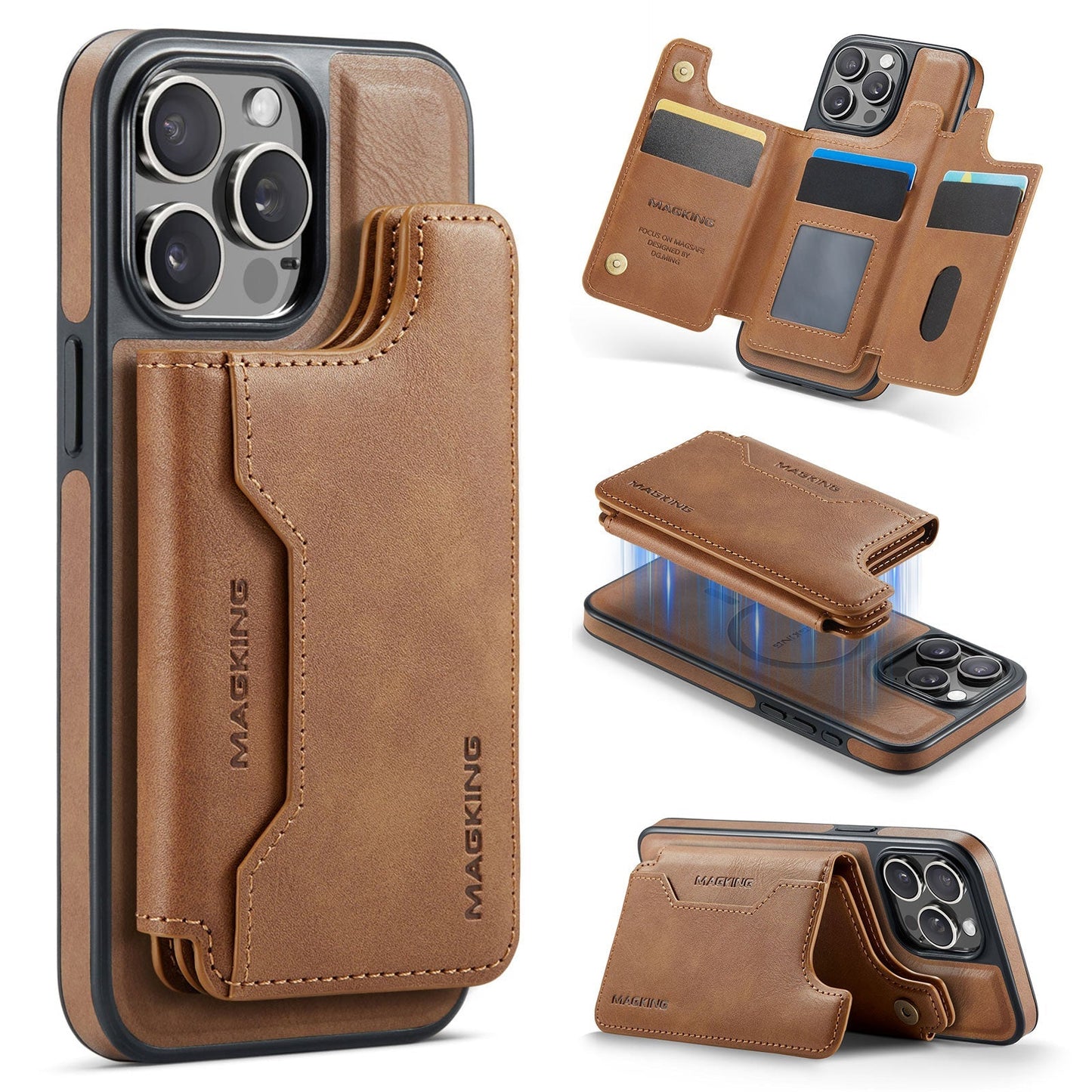 New 2-in-1 RFID Blocking Card Holder Leather Phone Case for iPhone 13 Pro Max