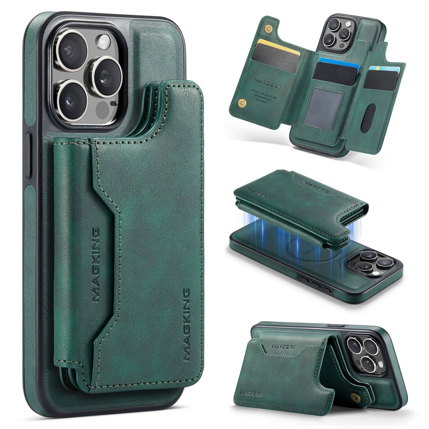 New 2-in-1 RFID Blocking Card Holder Leather Phone Case for iPhone 13 Pro Max