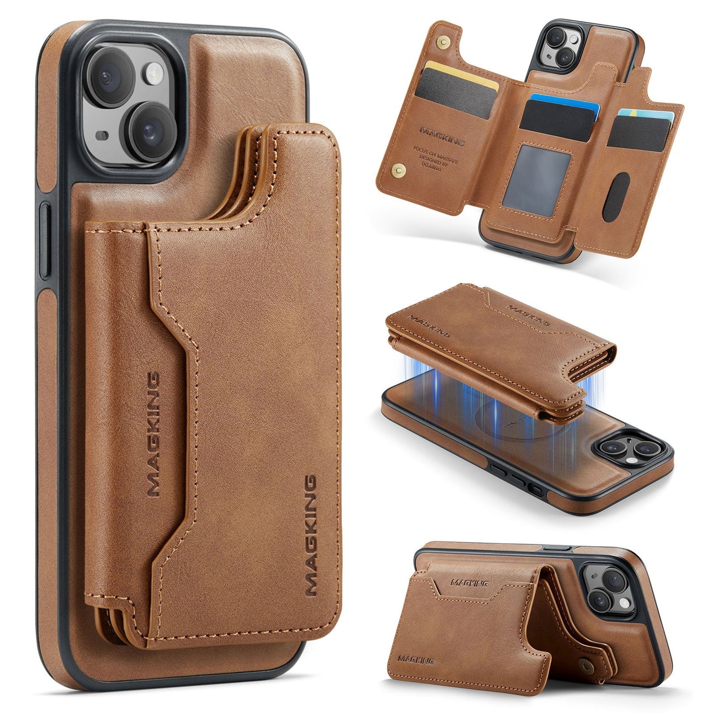 New 2-in-1 RFID Blocking Card Holder Leather Phone Case for iPhone 15