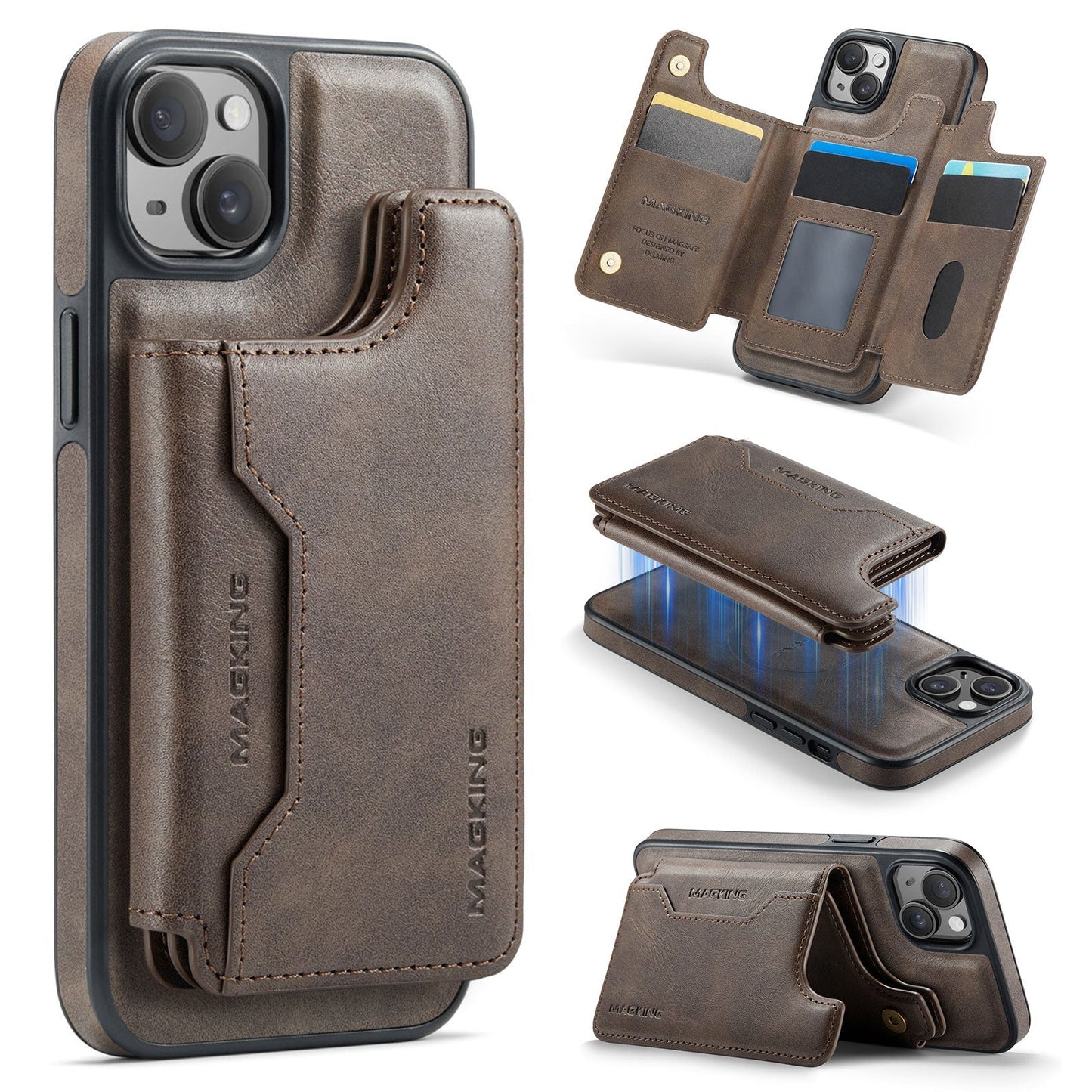 New 2-in-1 RFID Blocking Card Holder Leather Phone Case for iPhone 15